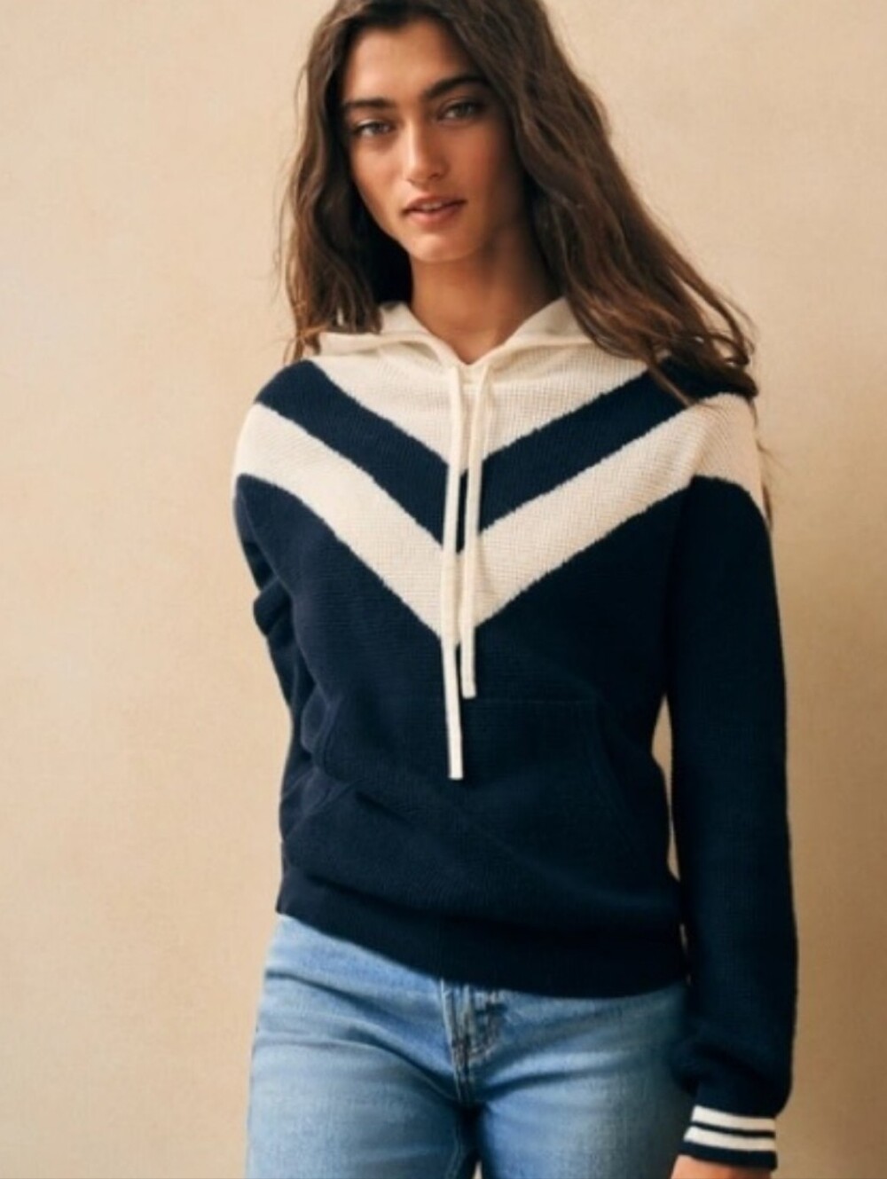Faherty Throwback Sweater Hoodie Cashmere Blue White Size Medium